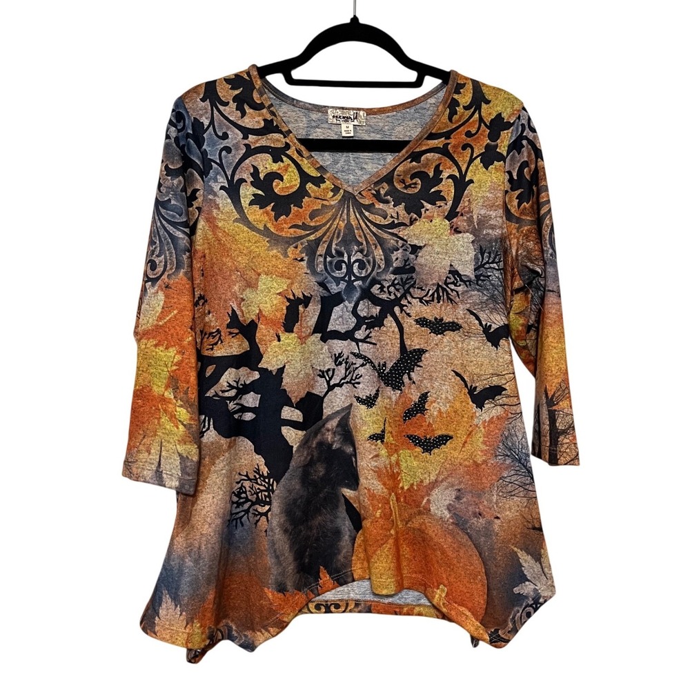 One World Halloween Black Cat Pumpkin Bat Print V-Neck 3/4 Sleeve Top Medium
